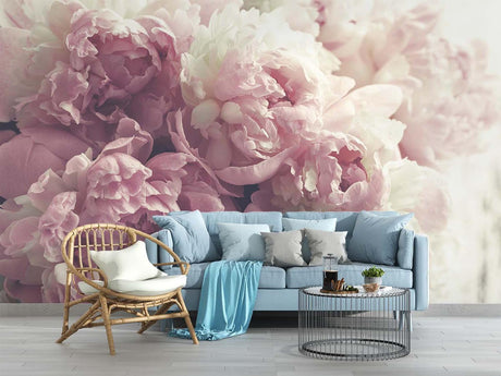 Pink Peony Wallpaper creating a romantic atmosphere in a bright master bedroom