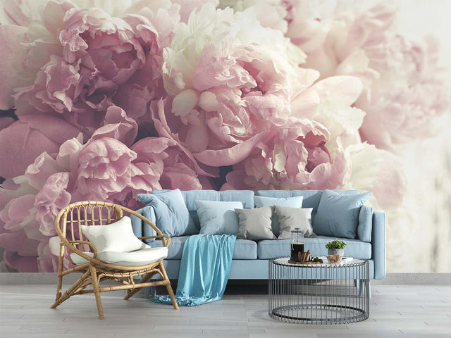 Pink Peony Wallpaper creating a romantic atmosphere in a bright master bedroom