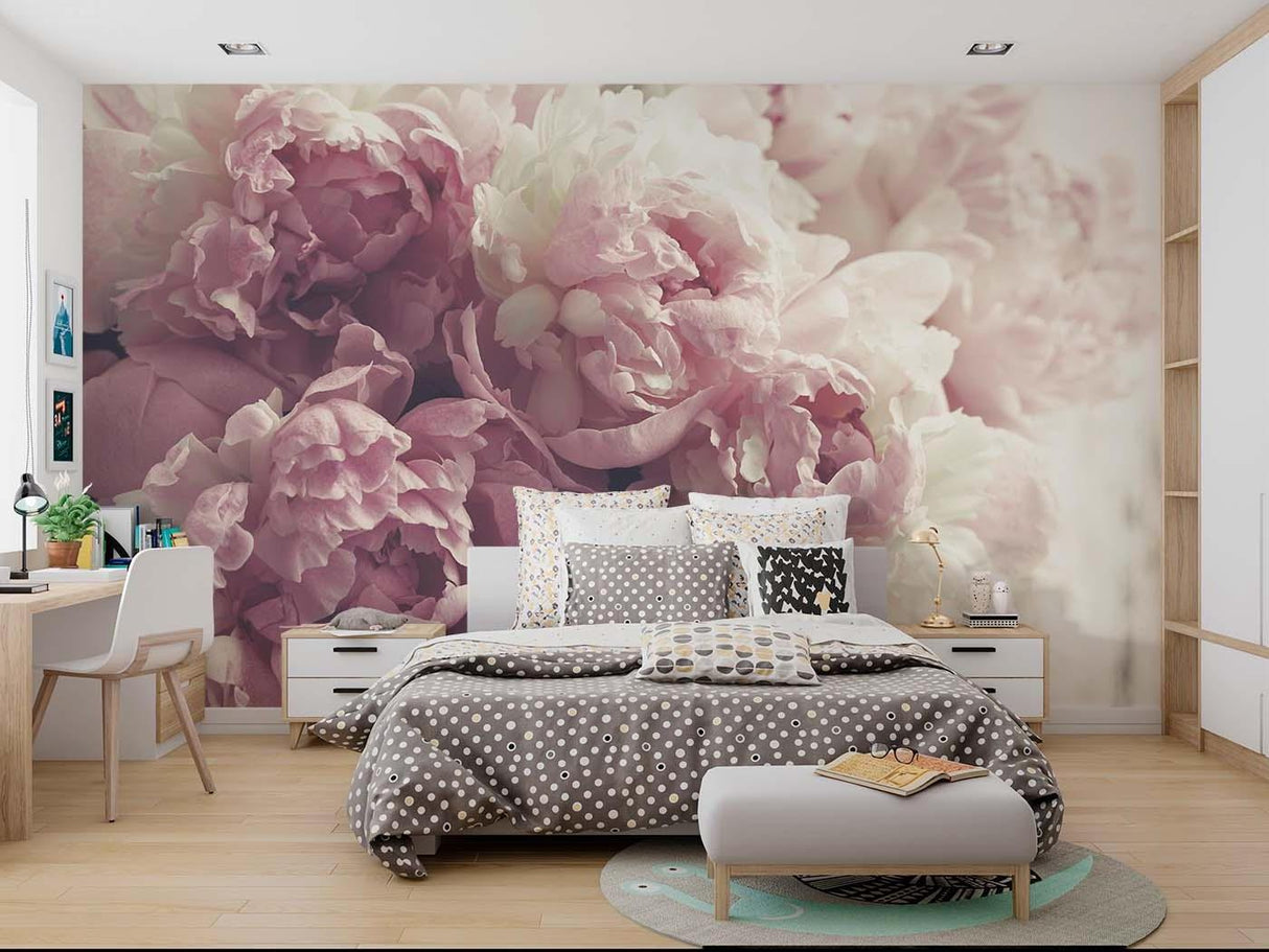 Floral Wall Mural with soft pink peonies making a statement in an elegant dining room
