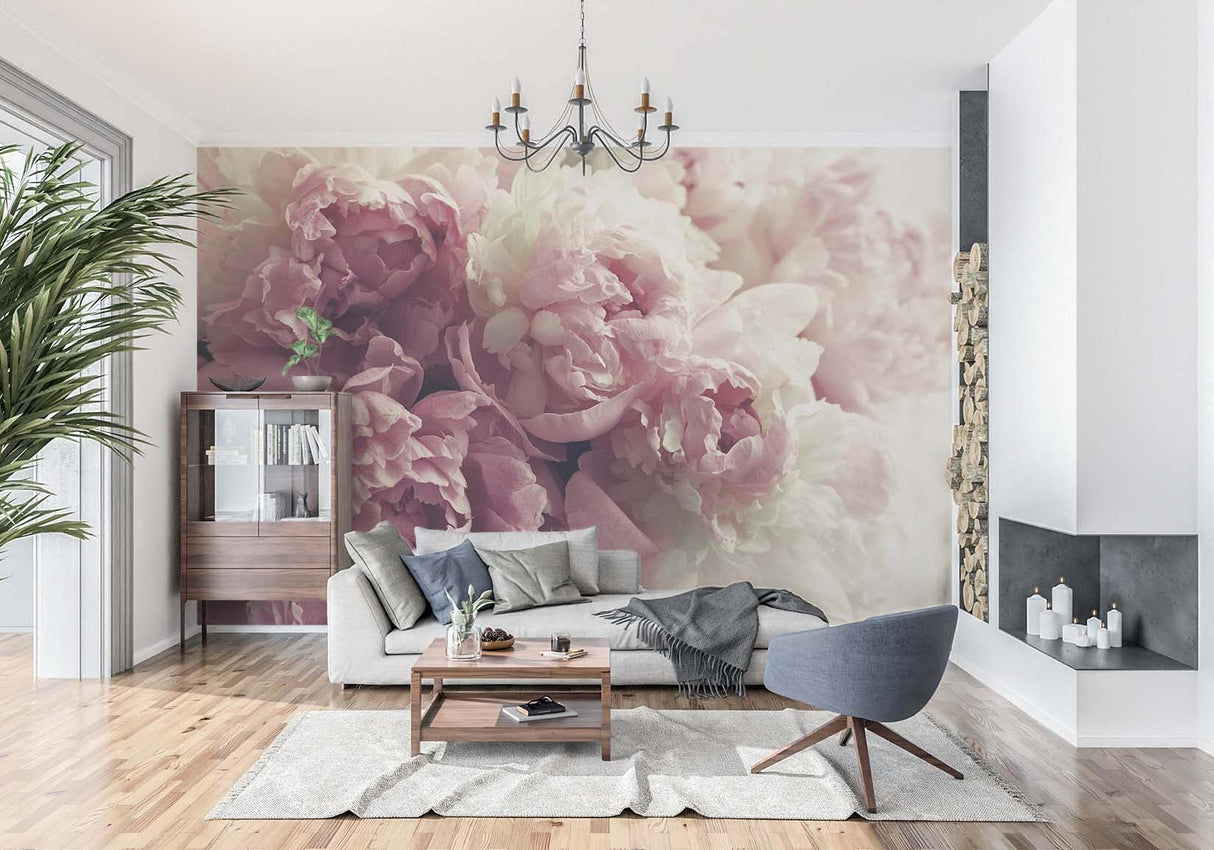 Large-scale Peony Wallpaper bringing nature indoors in a modern living room
