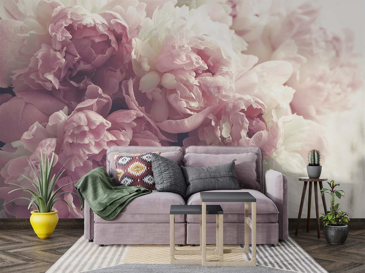 Pink Floral Mural transforming a home office with soft, dreamy peony blooms