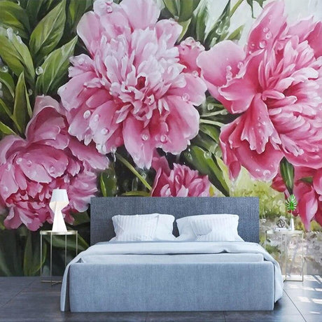 Pink Peony Wallpaper creating a romantic atmosphere in master bedroom, soft morning light highlighting dewdrops