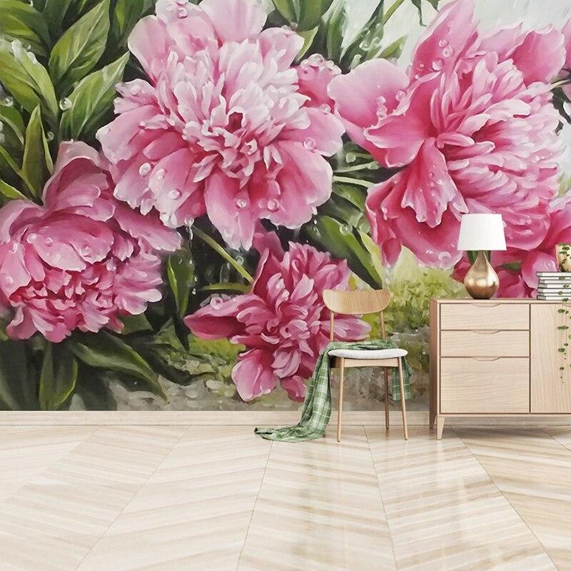 Floral Wall Mural transforming dining room with blooming pink peonies, elegant setting