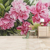 Floral Wall Mural transforming dining room with blooming pink peonies, elegant setting