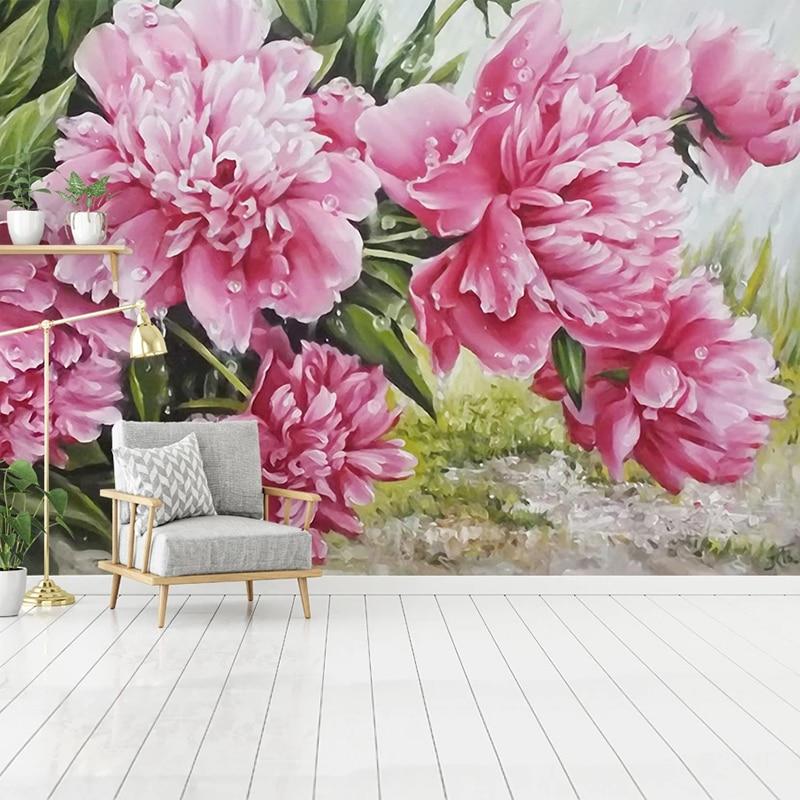 Botanical Wallpaper in living room showing large pink peony blooms against natural light