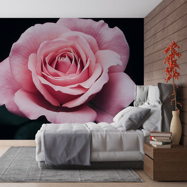 Pink rose macro wallpaper creating a stunning feature wall in a modern bedroom with soft lighting