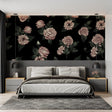 Black and pink floral wallpaper mural in modern dining room with crystal chandelier