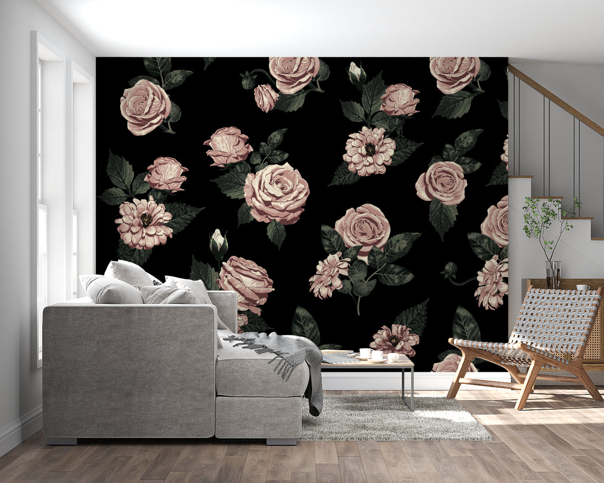 Pink rose wallpaper creating elegant backdrop in master bedroom