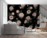 Pink rose wallpaper creating elegant backdrop in master bedroom