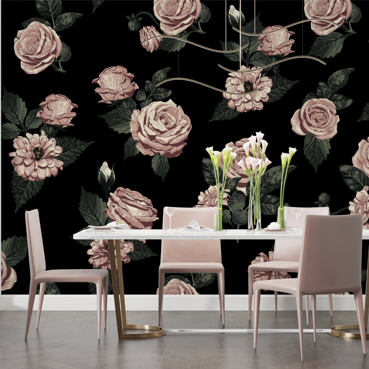 Dramatic black floral wallpaper in luxury powder room setting