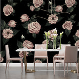 Dramatic black floral wallpaper in luxury powder room setting