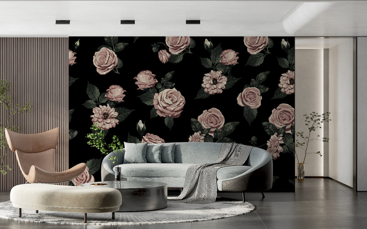 Pink roses on black wallpaper mural in cozy reading nook