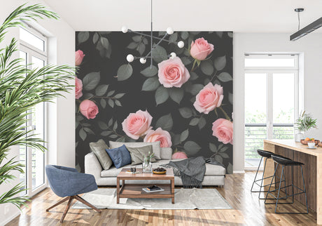 Pink rose wallpaper mural creating a romantic atmosphere in a modern living room with grey furniture