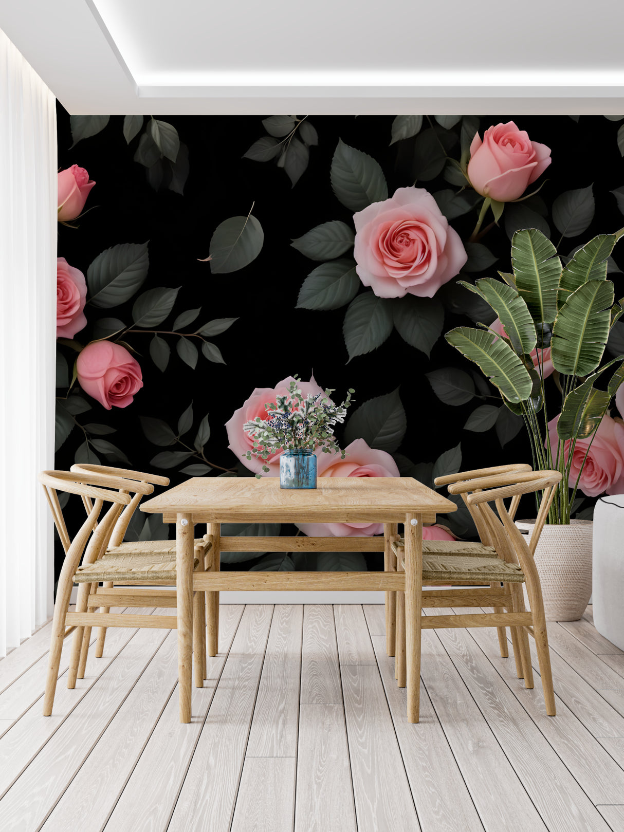 Black and pink floral wall mural adding drama to a sophisticated dining room setting