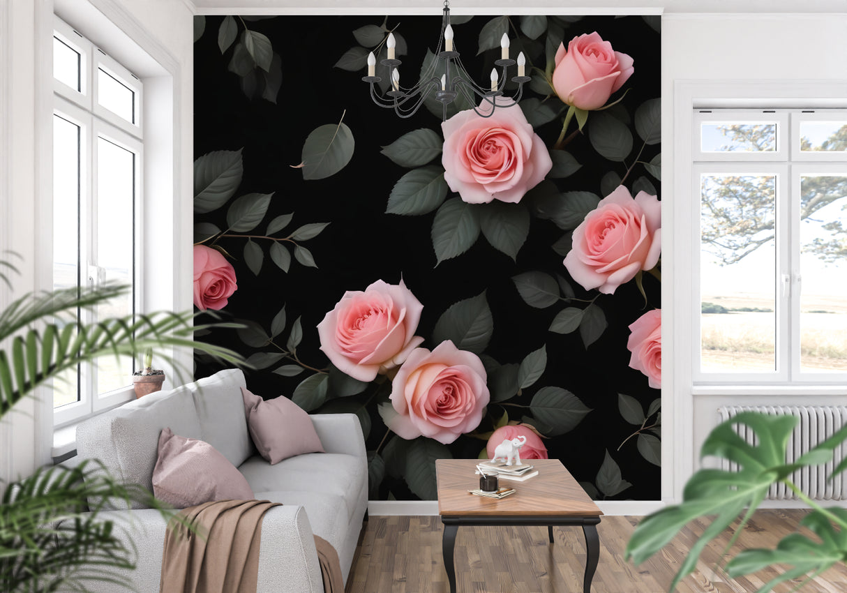 Dark floral wallpaper with pink roses transforming a cozy bedroom space