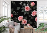 Dark floral wallpaper with pink roses transforming a cozy bedroom space