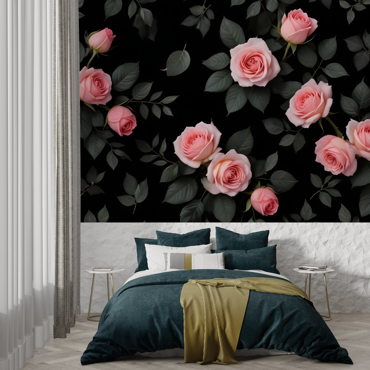 Modern floral wall mural showcased in a minimalist home office environment