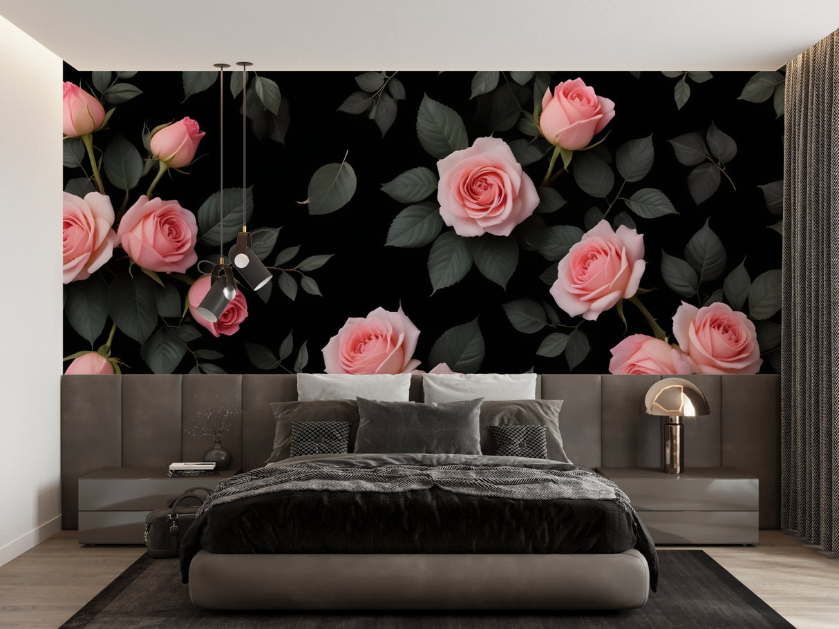 Pink rose pattern on black background enhancing a boutique dressing room
