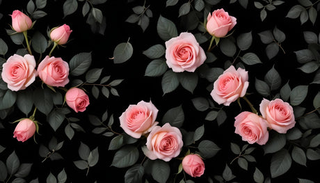 Design file showing detailed pink roses and sage leaves pattern on deep black background