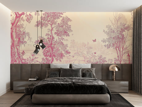 Pink Toile de Jouy wallpaper in bright modern living room showing delicate floral pattern