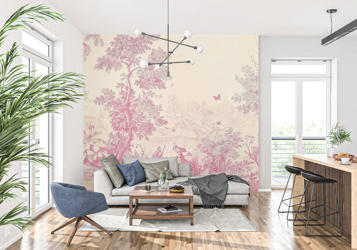 French floral wallpaper creating elegant atmosphere in master bedroom