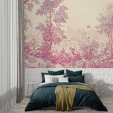 Pink botanical wall mural adding charm to dining room setting