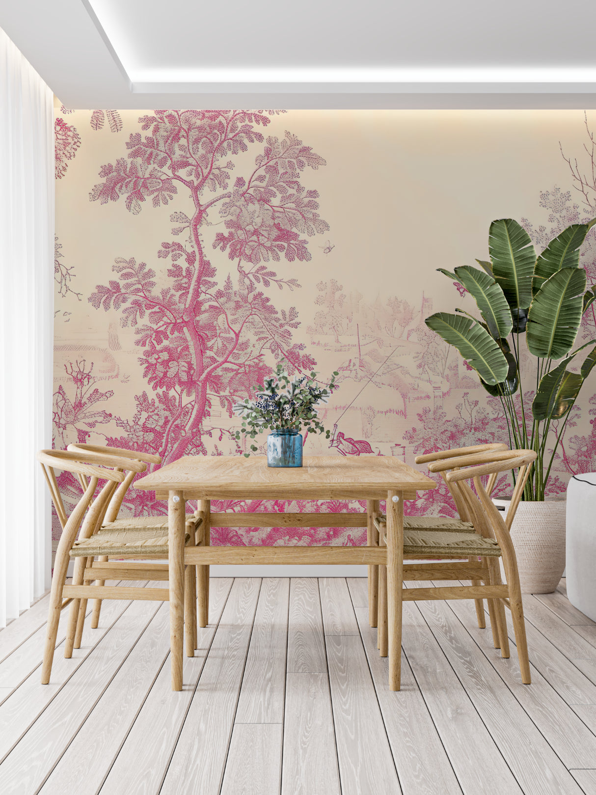 Toile de Jouy pattern mural in vintage-style nursery with pink accents