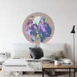 Purple and white floral circle wallpaper creating a stunning focal point in a modern living room