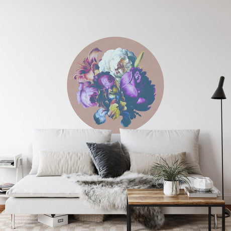 Purple and white floral circle wallpaper creating a stunning focal point in a modern living room