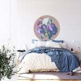 Elegant dining room featuring circular floral wall mural with purple and white blooms