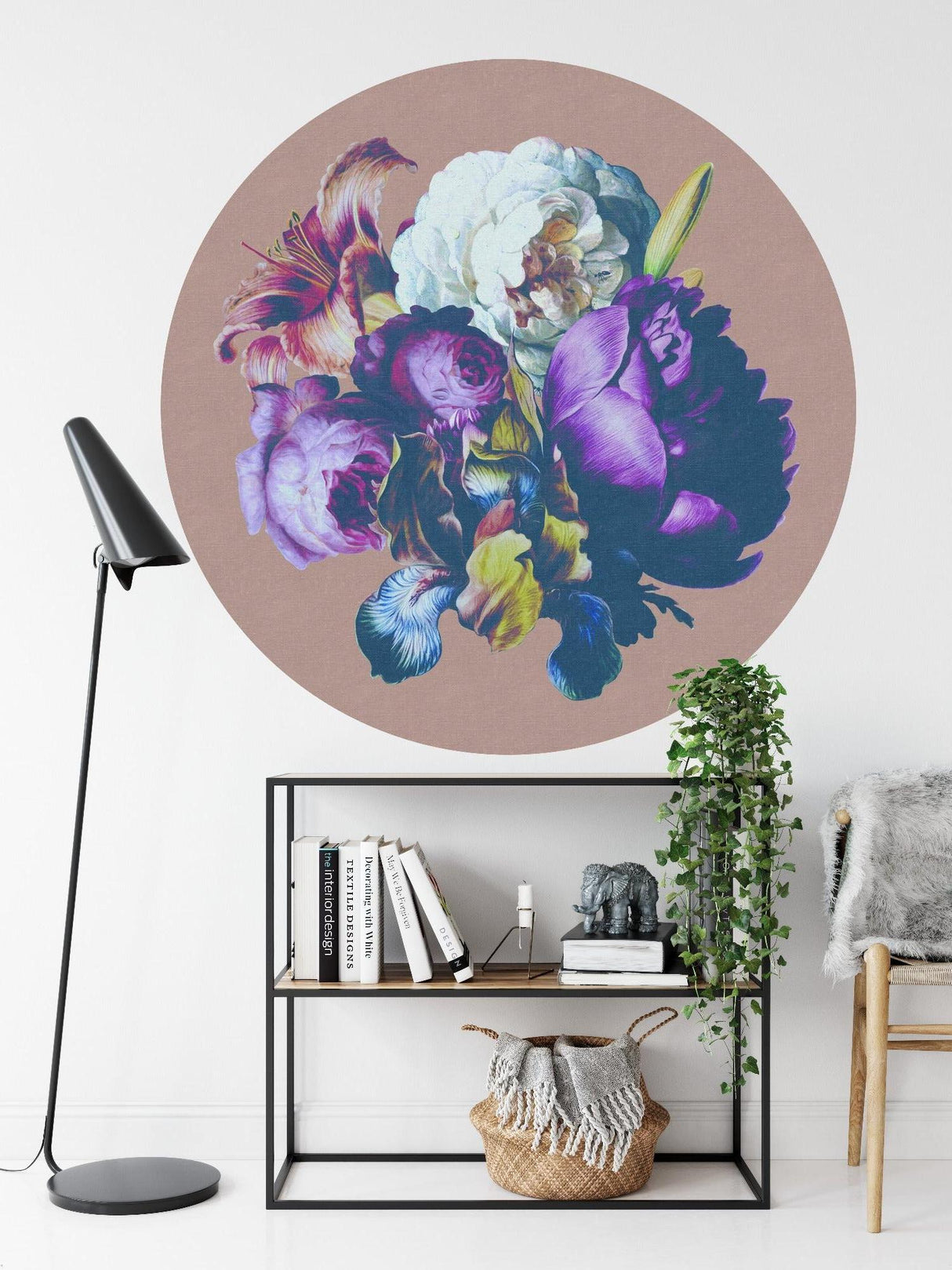 Master bedroom with purple floral circle wallpaper adding sophistication