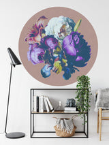 Master bedroom with purple floral circle wallpaper adding sophistication