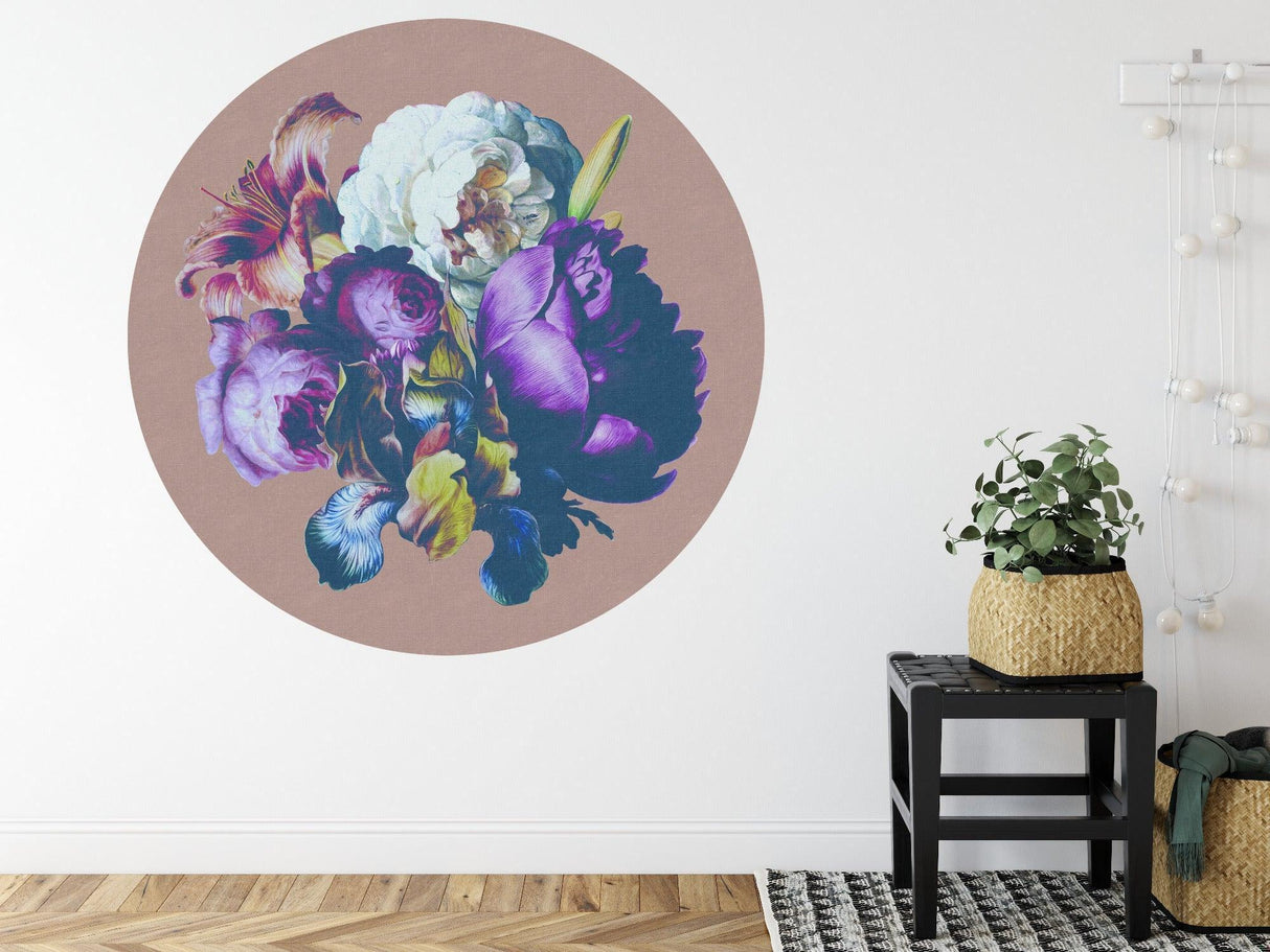 Entryway featuring purple and white floral circle mural making a bold statement