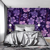 Master bedroom featuring purple blossom wall mural behind a stylish bed setup