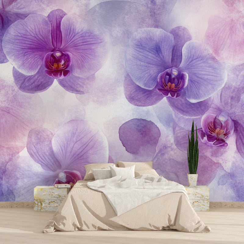 Purple Orchid Watercolor Wallpaper in modern living room with grey sofa and natural light
