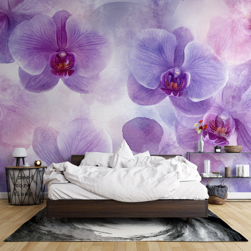 Floral wallpaper with purple orchids in master bedroom creating peaceful atmosphere