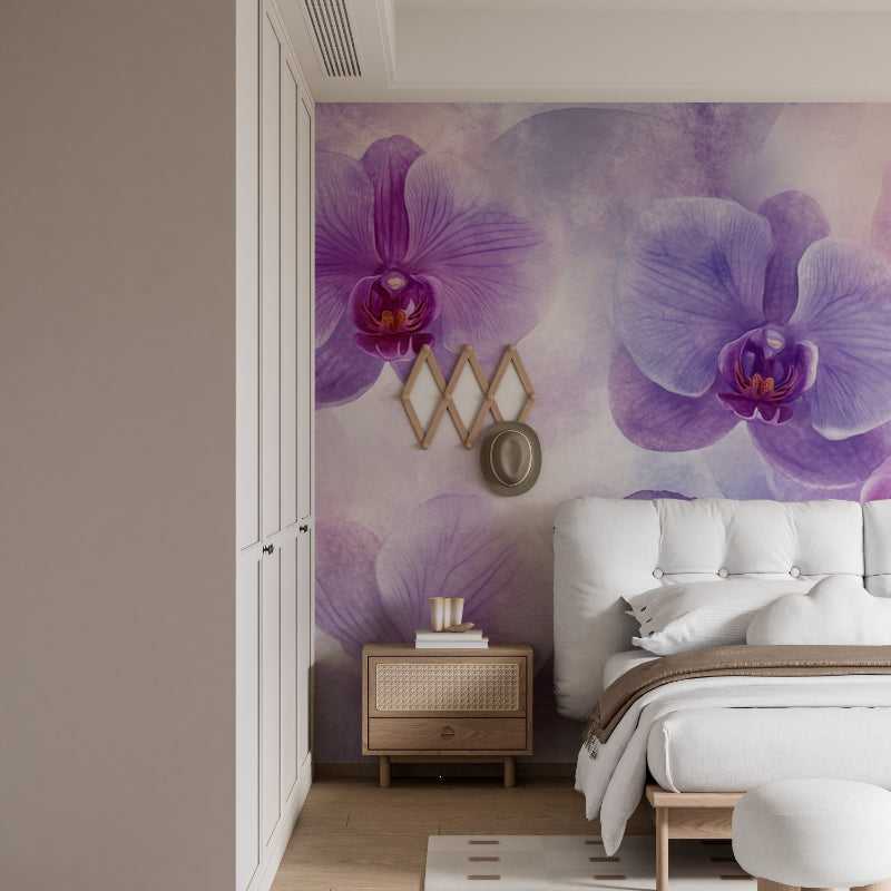 Watercolor orchid mural in dining room with pendant lighting