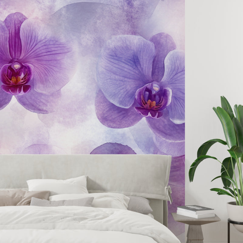 Purple orchid wall mural in home office showing scale and detail