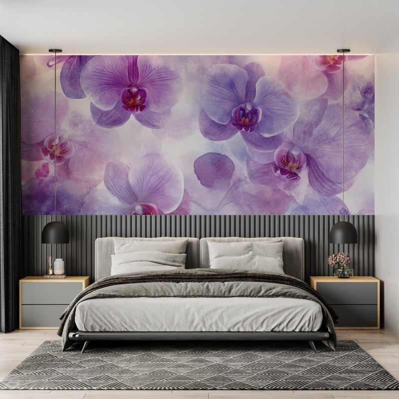 Floral watercolor wallpaper in spa room highlighting purple tones