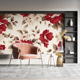 Red floral wallpaper mural in modern living room with grey sofa and natural light
