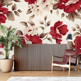 Elegant floral wall mural in master bedroom with white bedding