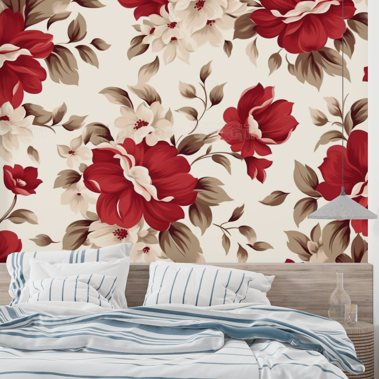 Red and beige flower wallpaper in dining room with wooden table