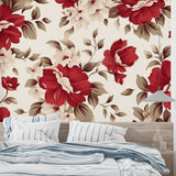 Red and beige flower wallpaper in dining room with wooden table