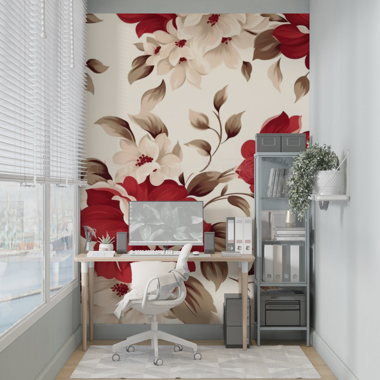 Floral wall mural in home office with desk and chair