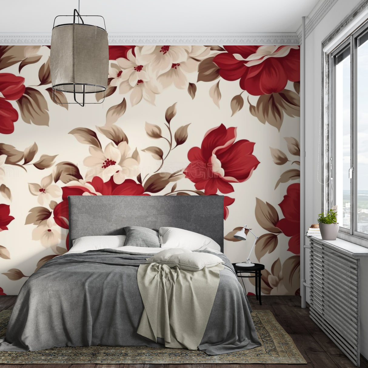 Red flower wallpaper in hallway with mirror and console table