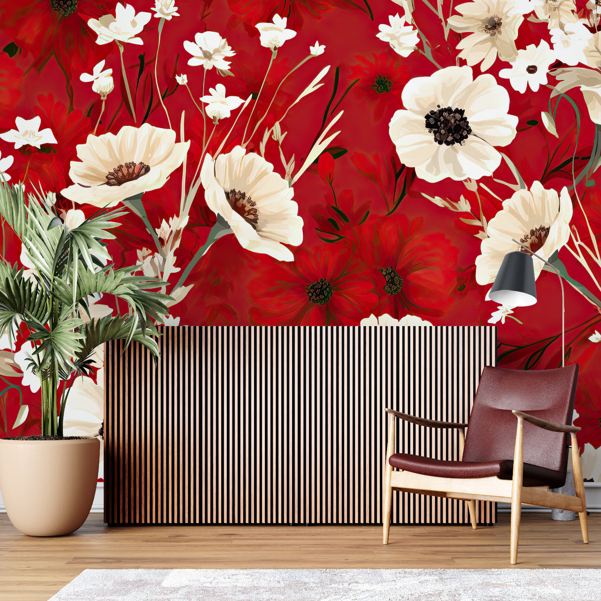 White poppy floral wallpaper mural in modern living room with grey sofa