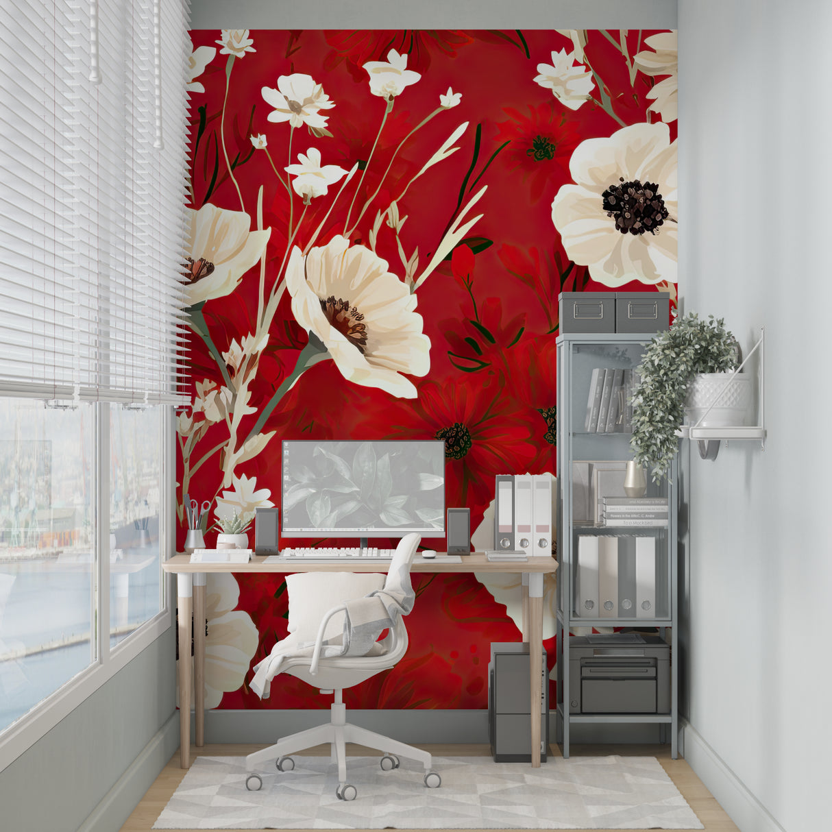 Red and white floral mural wallpaper in elegant dining room setting