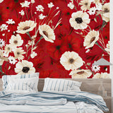 Dramatic poppy wall mural creating focal point in master bedroom