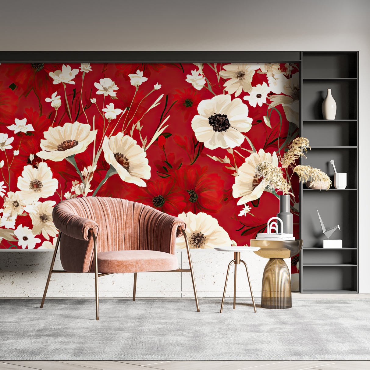 White poppies wallpaper mural in bright home office space