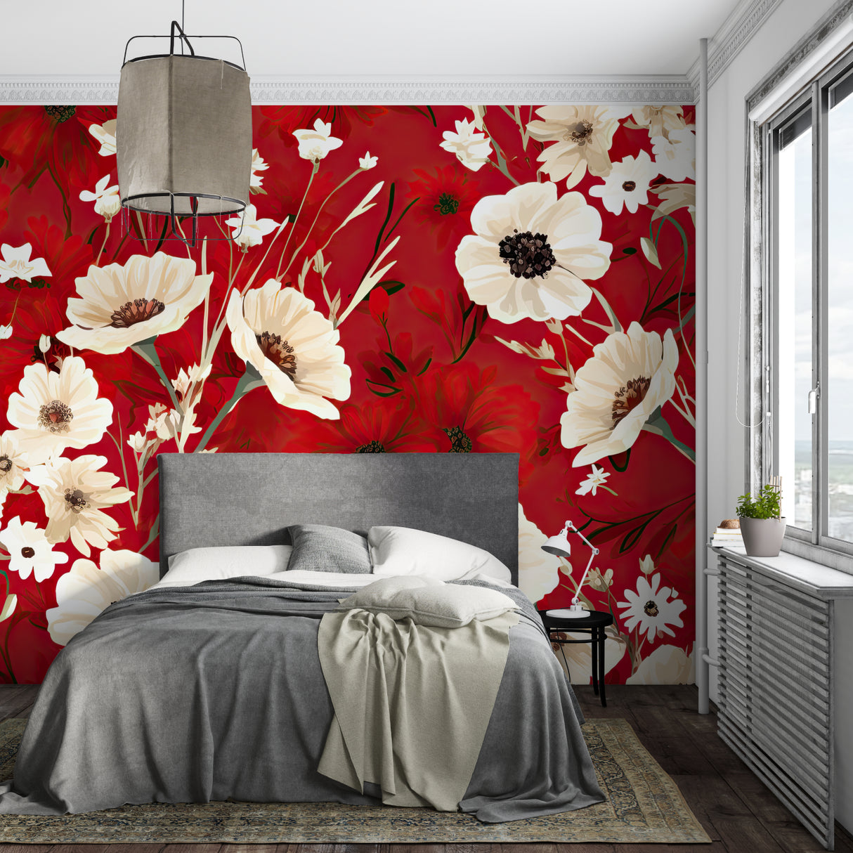 Floral wall mural featuring white poppies in boutique entrance